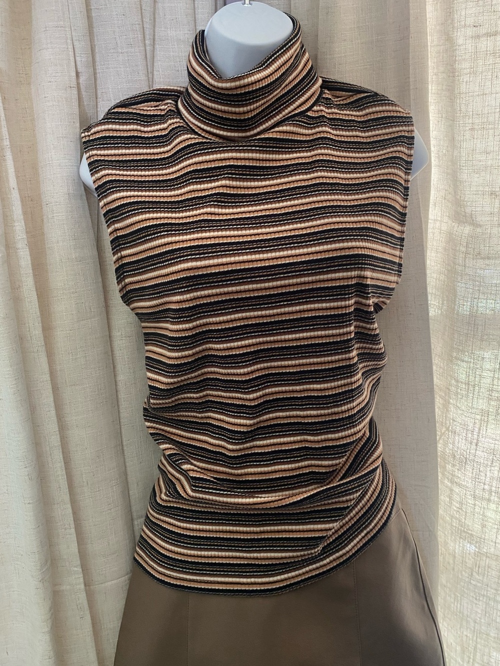 VTG St. John's Bay Striped Sleeveless Turtleneck in Black, Cream & Tan
